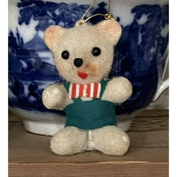 Vtg Christmas Ornament Flocked White Teddy Bear w Green Overalls Bowtie 3 Inch - Picture 3 of 6